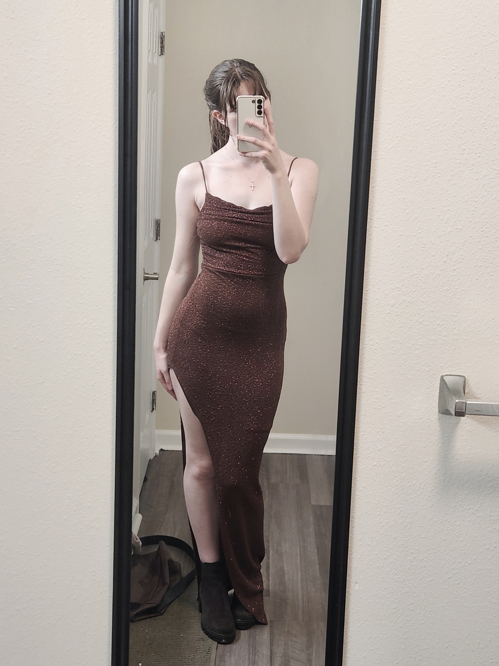 Sparkle Brown Cowl Neck Maxi Dress with Thigh Slit